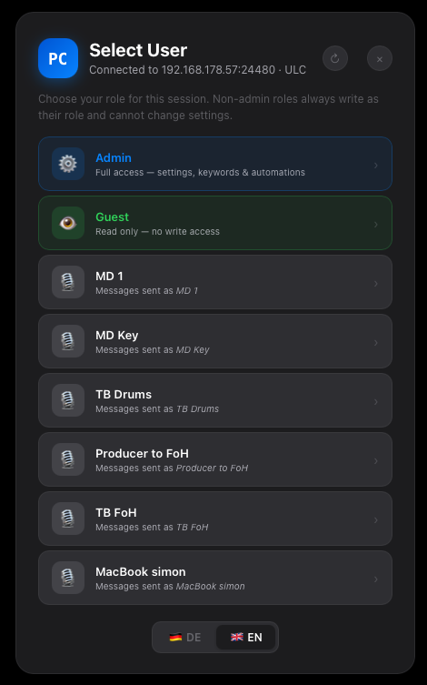 Role picker after connecting: Admin, Guest, or a named channel