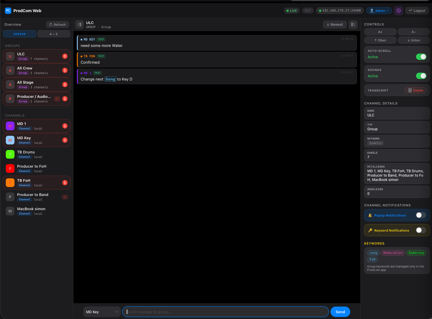 Live channel transcript with per-channel controls