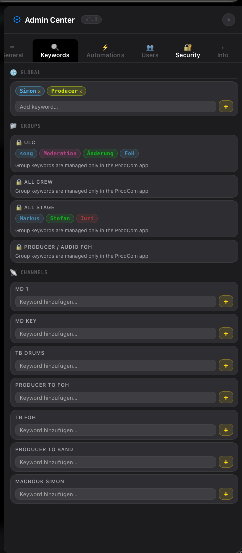 Admin Center: global and per-channel keyword alerts
